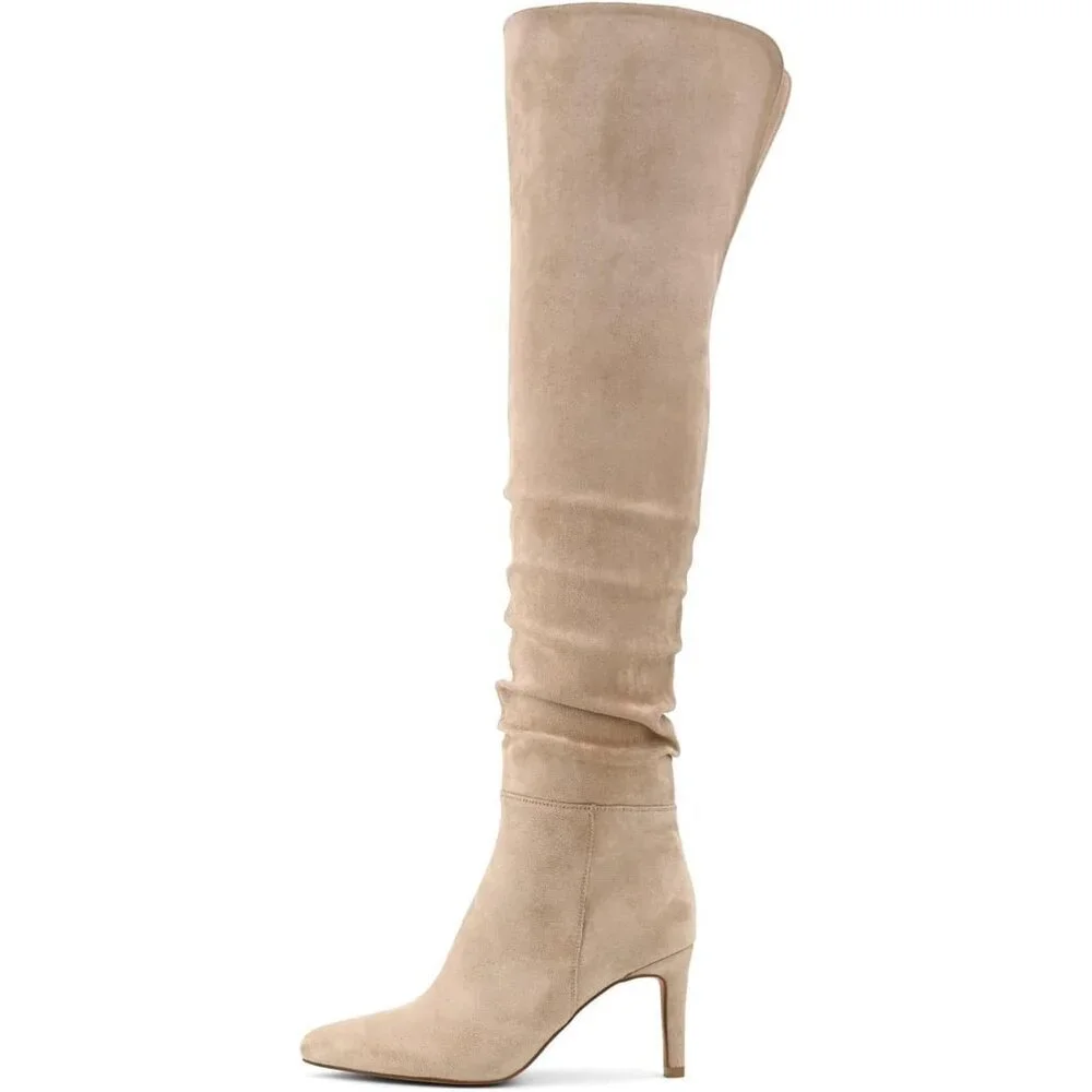 Women Khaki Polyurethane Over The Knee Stiletto Heel Pointed Toe Long Boots